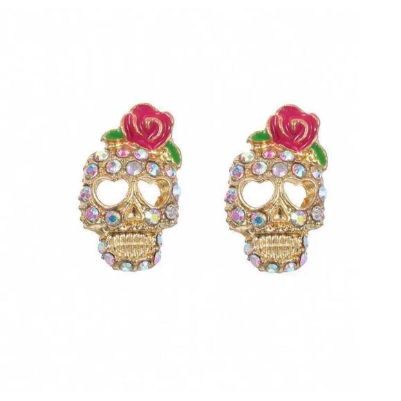 Tiny Skulls Day of the Dead Halloween inspired Rhinestones Earrings - Picture 3 of 3